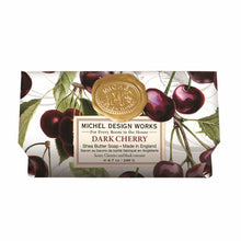 Load image into Gallery viewer, Michel Design Works Dark Cherry shea butter bar soap with gold seal, featuring cherry fruit and botanical label design against a white background. 