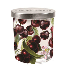 Load image into Gallery viewer, Michel Design Works Dark Cherry candle with silver lid, featuring cherry fruit and botanical design against a white background. 