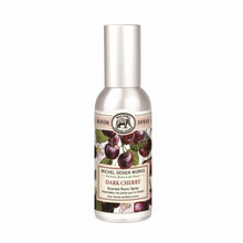 Load image into Gallery viewer, Michel Design Works Dark Cherry room spray in silver metal bottle with cherry fruit and botanical label design against a white background. 