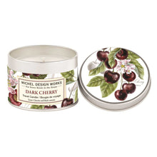 Load image into Gallery viewer, Michel Design Works Dark Cherry travel candle with white wax and single wick, lid placed beside candle, featuring cherry fruit and botanical design against a white background.