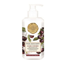 Load image into Gallery viewer, Michel Design Works Dark Cherry hand and body lotion pump bottle with gold seal, featuring cherry fruit and botanical label design against a white background. 