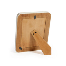 Load image into Gallery viewer, Back view of Zodax Dune African white horn photo frame with wood composite backing, easel stand, and wall hook, displayed on white background. 