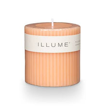 Load image into Gallery viewer, Paloma Petal Pillar Candle, peach ribbed pillar candle with white wraparound brand label and single wick against white background. 