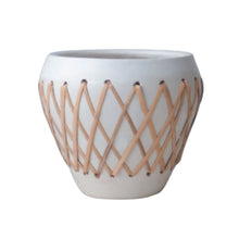 Load image into Gallery viewer, Rattan Planter white terracotta with crisscross woven rattan lattice detail around the exterior on a white background.