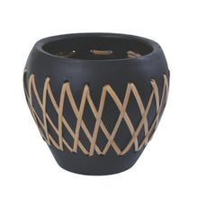 Load image into Gallery viewer, Rattan Planter black terracotta with crisscross woven rattan lattice detail around the exterior on a white background.  