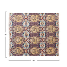 Load image into Gallery viewer, Tibetan Tigers Cotton Slub Printed Throw, horizontal full view plum printed throw blanket with repeating golden honey and dark brown tiger motifs, teal and beige geometric accents, fringe ends and dimension graphic, against white background. 