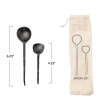 Load image into Gallery viewer, Horn Spoon Set, set of two dark carved natural horn spoons in two sizes with ringed handle indentations, matching natural-colored drawstring storage pouch with two black spoon outline designs, and measurement graphic against white background. 