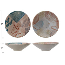 Load image into Gallery viewer, Abstract Design Stoneware Bowl, two assorted round stoneware bowls with abstract blue, blush, terracotta, and cream interior designs featuring small floral and dotted circle motifs, white exterior, shown in overhead and side profile views with dimension graphic against white background.