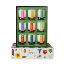 Load image into Gallery viewer, Plant the Box Votive Gift Set, KOBO set with nine glass jar votive candles in assorted fragrances arranged in green insert tray with multicolored labels, displayed on illustrated multicolored botanical box lid beneath against white background.