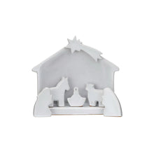 Load image into Gallery viewer, White stoneware Nativity with reactive glaze, against a white background.