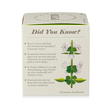 Load image into Gallery viewer, Fresh Picked Basil Plant The Box Candle, product box side with illustrated basil plant and informational text panel against white background. 