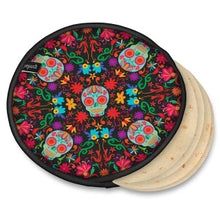 Load image into Gallery viewer, Day of the Dead Fabric Tortilla Warmer, round, aqua sugar skull and colorful floral design on black background with black trim, shown with tortillas, displayed on white background.
