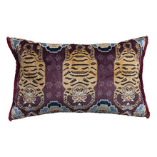 Load image into Gallery viewer, Tiger Lumbar Pillow, plum cotton velvet blend lumbar pillow with orange tiger motif, teal, blue, and beige geometric accents, and burgundy fringe trim against white background. 