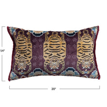 Load image into Gallery viewer, Tiger Lumbar Pillow, plum cotton velvet blend lumbar pillow with orange tiger motif, teal, blue, and beige geometric accents, and burgundy fringe trim, and dimension graphics against white background. 