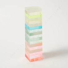 Load image into Gallery viewer, Ombré Lucite Tumbling Tower Game, translucent lucite stacking blocks in pastel ombré colors, stacked in tower form, on white background. 