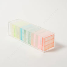 Load image into Gallery viewer, Ombré Lucite Tumbling Tower Game, pastel ombré lucite stacking blocks stored inside clear lucite display case, on white background. 