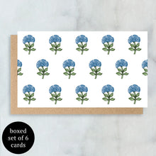 Load image into Gallery viewer, Block Print Mini Cards Box Set, watercolor-style blue floral pattern on white textured felt paper card with brown kraft envelope, against white background.