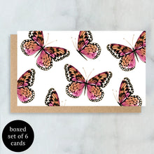 Load image into Gallery viewer, Butterflies Mini Cards Box Set, watercolor pink butterfly design on white textured felt paper card with brown kraft envelope, on a white marble surface. 
