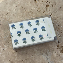 Load image into Gallery viewer, Block Print Mini Cards Box Set, watercolor-style blue floral pattern on white textured felt paper cards in clear storage box on neutral stone surface. 