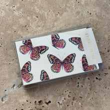 Load image into Gallery viewer, Butterflies Mini Cards Box Set, watercolor pink butterfly design on white textured felt paper cards in a clear storage case, displayed on a neutral stone surface. 