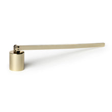 Load image into Gallery viewer, Gold Candle Snuffer, gold-tone metal candle snuffer with a long handle and cylindrical hinged bell, displayed against a white a background. 