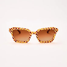 Load image into Gallery viewer, Demi Toasted Moxie Checkered Sunglasses, square textured acetate sunglasses with brown, cream, amber, and mustard yellow checkered frames and brown gradient lenses, displayed against a white background. 