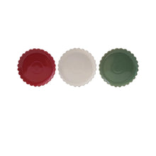 Load image into Gallery viewer,  A ceramic plate in red, white, and green  with scalloped edging on a white background. 