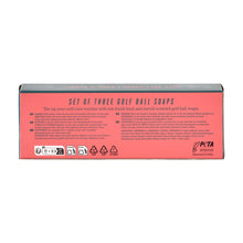 Load image into Gallery viewer, Golf Ball Soaps, back view of rectangular product box with coral pink label, dark green lettering, product information, and PETA approved logo, displayed against a white background. 