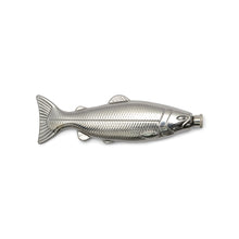 Load image into Gallery viewer, Fish Hip Flask, stainless steel fish-shaped hip flask with textured scale pattern, ribbed fin details, and screw-top cap against a white background.
