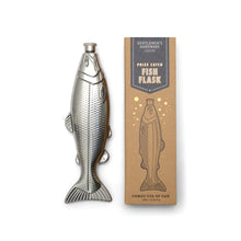 Load image into Gallery viewer, Fish Hip Flask, stainless steel fish-shaped hip flask with textured scales and fin details beside kraft packaging box with gray and white Fish Flask label and fish illustration against a white background. 