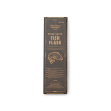 Load image into Gallery viewer, Fish Hip Flask, dark gray packaging box with kraft-colored Fish Flask lettering, fish illustration, and product details against a white background. 