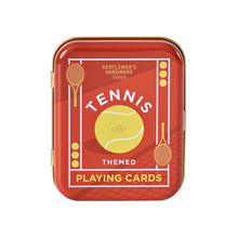 Load image into Gallery viewer, Tennis Themed Playing Cards, red tennis-themed playing card tin with yellow tennis ball and racket illustrations against a white background.
