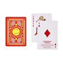 Load image into Gallery viewer, Tennis Themed Playing Cards, red and yellow tennis-themed playing card back design beside a joker holding a racket and ace of diamonds playing cards with tennis-inspired illustrations and Wimbledon trivia against a white background. 