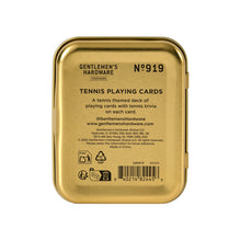Load image into Gallery viewer, Tennis Themed Playing Cards, back of gold-tone tennis-themed playing card tin with black printed product and brand details against a white background, 