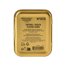 Load image into Gallery viewer, Football Themed Playing Cards, back of gold playing card tin with "FOOTBALL/ SOCCER PLAYING CARDS" lettering and  description against a white background. 