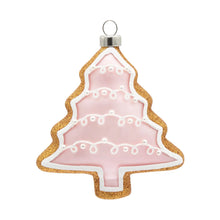 Load image into Gallery viewer, Gingerbread Tree Ornament, light pink Christmas tree-shaped ornament with white icing outline and details, white pearl accents, glittery golden brown gingerbread edge, silver ornament cap and hanging loop, against a white background. 