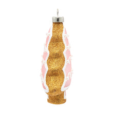 Load image into Gallery viewer, Gingerbread Tree Ornament, side view of light pink Christmas tree-shaped ornament with a glittery golden brown gingerbread edge, white icing details visible along sides, silver ornament cap, and silver hanging loop, against a white background. 