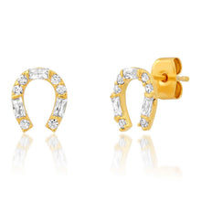 Load image into Gallery viewer, Baguette Horseshoe Studs, pair of handcrafted gold-tone horseshoe-shaped stud earrings with baguette-cut and round clear stones displayed against a white background. 