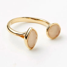 Load image into Gallery viewer, Gold Cats Eye Open Ring, handcrafted open-design gold-tone ring with round and marquise- shaped white cat's eye bezel- set stones against a white background. 