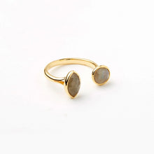Load image into Gallery viewer, Gold Labradorite Open Ring, handcrafted open-design gold-tone ring with marquise and round bezel-set smoky gray labradorite stones against a white background. 
