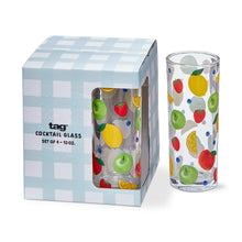 Load image into Gallery viewer, Fresh Pick Drinks Glass Set, single clear glass tumbler with colorful fruit illustrations including lemons, strawberries, green apples, blueberries, and orange slices, displayed beside light blue and white gingham-style packaging box with cutout window showing a tumbler  against a white background. 
