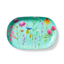 Load image into Gallery viewer, Wildflowers Metal Trinket Tray, oval aqua metal trinket tray with colorful wildflower illustrations against white background. 