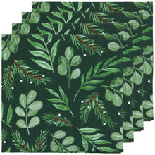 Load image into Gallery viewer, Cedar &amp; Citrus Napkins, four square cloth napkins stacked  to show their  botanical print of light green leaves,  light green eucalyptus sprigs, green pine sprigs with brown stems, and small white berries with a dark forest green background, against a white background. 