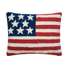 Load image into Gallery viewer, USA Flag Hook Pillow, rectangular hooked wool throw pillow featuring an American flag design with a navy blue field containing eight white stars and red and white stripes, shown against a white background. 