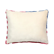 Load image into Gallery viewer, USA Flag Hook Pillow, back view of a rectangular throw pillow featuring a solid cream velvet backing, shown against a white background. 