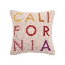 Load image into Gallery viewer, California Hook Pillow, square hooked wool throw pillow with a cream background and multicolored "CALIFORNIA" lettering in shades of yellow, orange, red, pink, and purple, shown against a white background. 