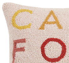 Load image into Gallery viewer, California Hook Pillow, close-up view of the hooked wool texture and multicolored "CALIFORNIA" lettering on a cream background, shown against a white background. 