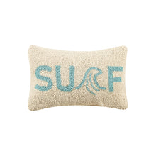 Load image into Gallery viewer, Surf Hook Pillow, rectangular hooked wool throw pillow with a cream background and turquoise blue "SURF" lettering, featuring a stylized wave forming the letter "R," displayed on a white background. 