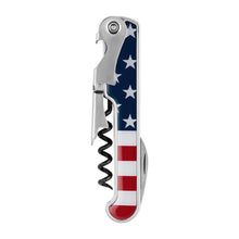 Load image into Gallery viewer, American Flag Double Hinged Bottle Opener, closed stainless steel double-hinged corkscrew and bottle opener featuring an American flag design with white stars on a blue field and red-and-white stripes, against a white background.