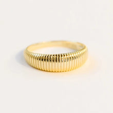 Load image into Gallery viewer, Gold Ridged Rings, 18K gold-plated ring with evenly vertical etched ridges around the band and a smooth interior, lying flat against a white background. 